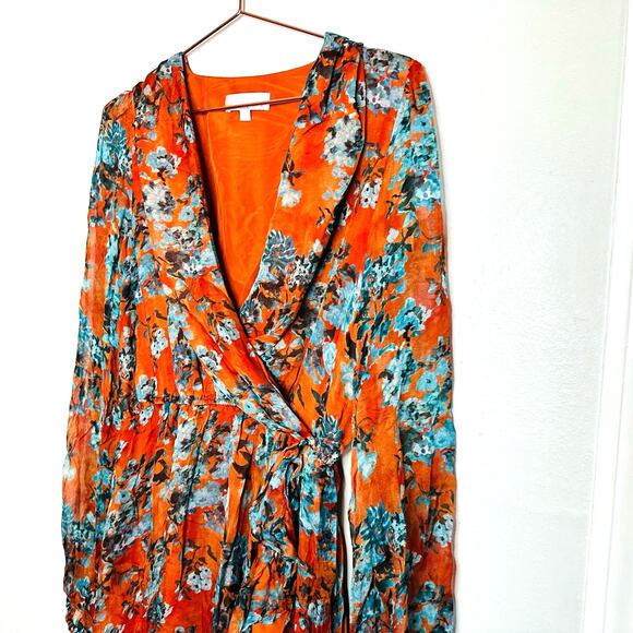 CAROLINE CONSTAS 100% Silk Orange Teal Floral Vivian V-Neckline Dress Size Large - Picture 7 of 16